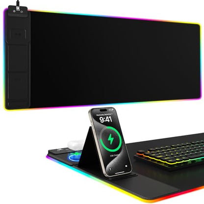Wireless Charging RGB Mouse Pad with Phone Stand, Large Gaming Desk Mat - color: Black - 31.5x15.8" No Adapter
