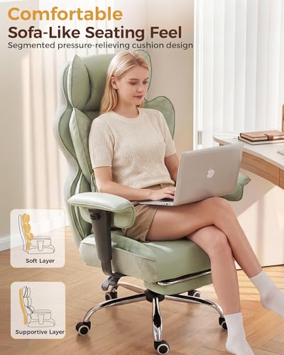 COMHOMA Big and Tall Office Chair Heavy Duty Gaming Chair with Deluxe Embossing Leather High Back Wider Ergonomic Computer Chair with Foot Rest 145°Reclining Pocket Spring Lumbar Support - color: Sage Green