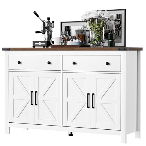 VVFLU 55" Modern Farmhouse Buffet Cabinet with Storage, Coffee Bar Cabinet with 2 Drawers and 4 Barn Doors, Sideboard Storage Cabinet for Kitchen, Dining Room, Living Room, White Wood - color: White/Wood, size: 15.7"D x 55.1"W x 35.4"H