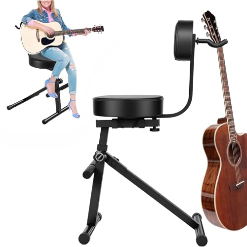 Adjustable Guitar Stool with Stand & Backrest, 225LBS Heavy-Duty Padded Guitar Seat with Footrest, Foldable Ergonomic Guitar Chair for Home Practice, Studio & Stage(Black) - color: Black-a