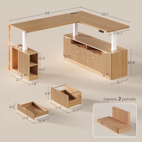 SEDETA Fluted L Shaped Executive Electric Standing Desk with 4 Drawers | 69" x 55" Height Adjustable Office Desk with Storage Shelves, Power Outlet, Sit Stand Computer Desk for Home Office, Natural - color: Natural