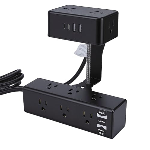 Eujgoov Desk Clamp Power Strip, 17 in 1 Charging Station with 13 AC Outlets 4 USB Ports 20W Fast Charging, Protector for Home Office, Fits Table Thickness Up to 45mm (US Plug)