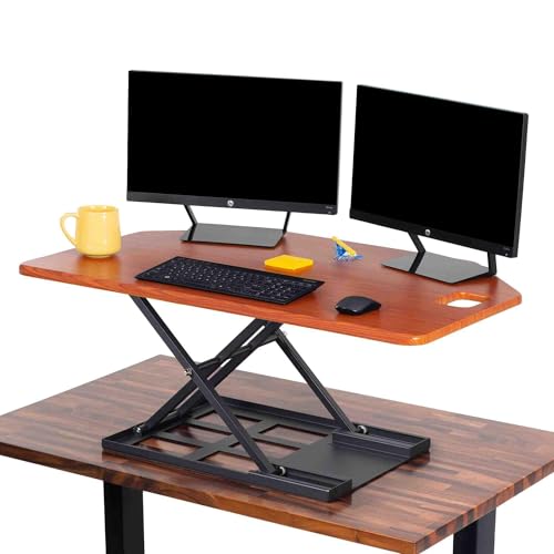 X-Elite Pro 40" Corner Standing Desk Converter with Pneumatic Lift | Adjustable Sit to Stand Riser, L-Shaped Desks & Cubicles | Fully Assembled Computer Workstation (Cherry) - color: Cherry