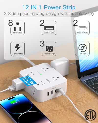 15 Ft Long Extension Cord with Multiple Outlets, Flat Plug Power Strip | Surge Protector, 1080J, 8 Outlets 4 USB Ports(2 USB C), Desk Outlet Extender, Wall Mount, Home Office Dorm Room Essentials