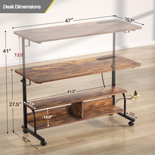 Armocity 47" Rolling Standing Desk with Charging Station for Couch Bed - color: Rustic Brown, size: 47''