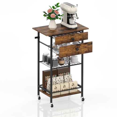 ETELI Coffee Cart Station with Lockable Wheels and Coffee Pod Storage | 5 Tier Coffee Bar Cart with 2 Drawers and Wire Mesh Storage for Kitchen Living Room Office Coffee Nook, Rustic Brown