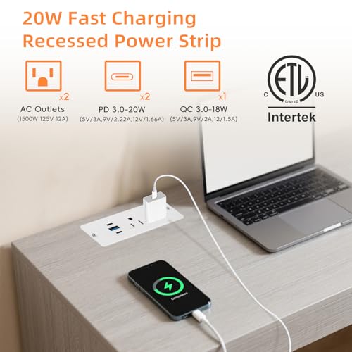 Recessed Power Strip, 20W USB-C Furniture Outlet, White, 6FT | 2 AC + 3 USB (2 USB-C, 1 USB-A), Flush Mount, Space-Saving, Easy Install, For Desk, Bedside, Drawer, Conference Table - color: White, size: 6 FT