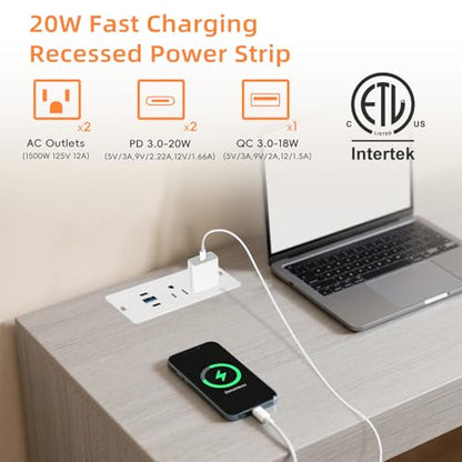 Recessed Power Strip, 20W USB-C Furniture Outlet, White, 6FT | 2 AC + 3 USB (2 USB-C, 1 USB-A), Flush Mount, Space-Saving, Easy Install, For Desk, Bedside, Drawer, Conference Table - color: White, size: 6 FT
