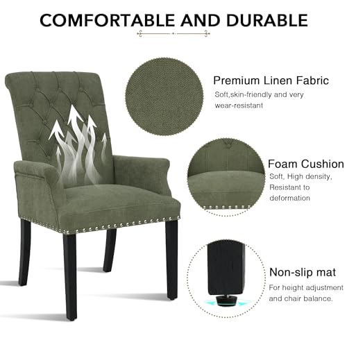 LOULENS Linen Dining Chair with Arms, Tufted Dining Room Chairs, Green | Solid Wood Legs, Nailhead Trim, Accent Chair, Kitchen Chair - color: Dark Green, size: 1 PCS