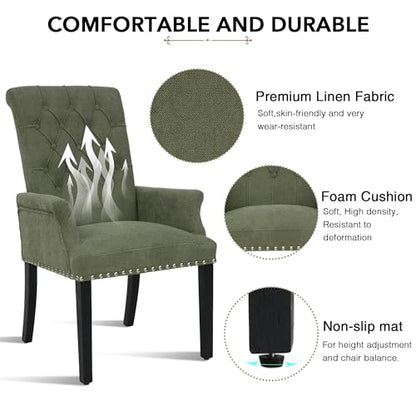 LOULENS Linen Dining Chair with Arms, Tufted Dining Room Chairs, Green | Solid Wood Legs, Nailhead Trim, Accent Chair, Kitchen Chair - color: Dark Green, size: 1 PCS