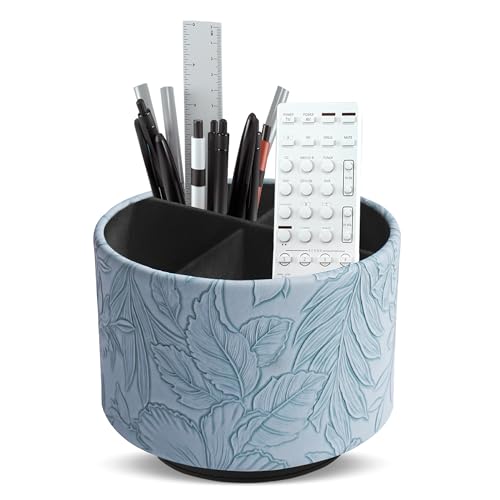 Round Leather Art Supply Organizer,Remote Control Holder,360 Degree Spinning,Multi-Functional Pencil Holder,4 Compartments Desktop Stationary Organizer(1-Carved Light Blue) - color: 1-Carved Light Blue