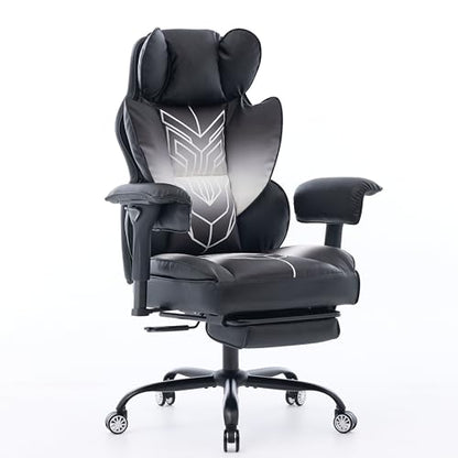 Big and Tall Gaming Office Chair 400lbs - Heavy Duty Ergonomic Computer Desk Chair with Footrest, Adjustable Armrests, High Back PU Leather with Racing Style (Black/White) - color: Black/White