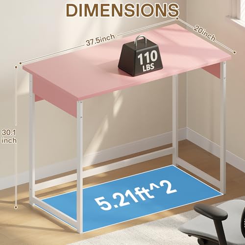 ALISENED Home Office Desk, Sturdy and Stable Computer Desk, 37.5 Inch Computer Desk, Office Desk with Metal Frame, Study Table for Home Bedroom, Pink - color: Pink, size: W-37.5in