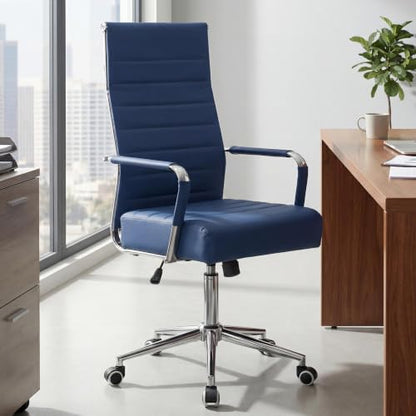 JOMEED Office Desk Chair,Conference Room Chair,High Back PU Leather Swivel | Modern Executive Ribbed Design, Ergonomic, Height Adjustable, Wheels and Arms, for Home Office(Blue-Silver Frame) - color: Blue