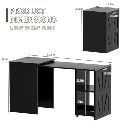 Foldable Pull-Out Desk with Charging Station and Storage, Black