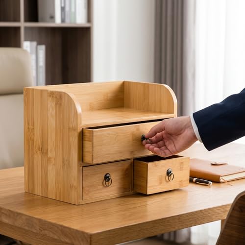 Nicunom Bamboo Desk Organizer, 3-Tier Bamboo Tabletop Storage Organization Multifunctional Desktop Organizer with Drawers for Home Office Toiletries Supplies Vanity