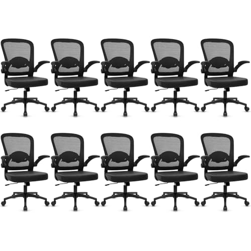 KLASIKA Desk Chairs with Wheels, Ergonomic Mesh Back PU Leather Seat Home Office Adjustable Lumbar Support and Height Swivel Rolling Computer Task Chair with Flip Up Arms for Conference, Black, 10PK - color: Black_villy Leather, size: 10PK