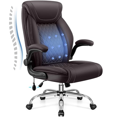Big and Tall Office Chair, Ergonomic Comfy Desk Chair with Lumbar Support | Executive Leather Computer Chair with Flip Up Arms & Rocking Function, Home Office Gaming Swivel Chair for Back Pain Relief - color: Coffee, size: 1 Pack