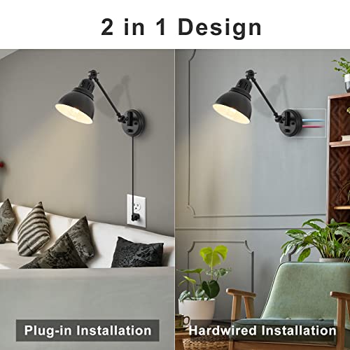 GOODATE Plug in Wall Sconces Set of 2, ENCOMLI Wall Sconce Lighting with Dimmable On Off Switch, Swing Arm Wall Lamp, Black Metal Industrial Wall Light Fixtures, Safety E26 Base, 6FT Plug in Cord - size: Black-2 PACK