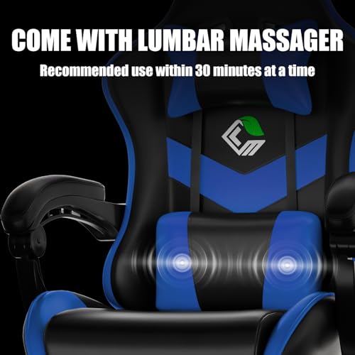Czlolo Gaming Chair with Footrest Racing Style Lumbar Support Massager Video Game Chair with Metal Legs, High Back Gamer Chair with Headrest, 360° Swivel Office Computer Desk Chair, Navy Blue - color: Navy Blue