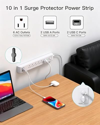 Mifaso 2 Pack Power Strip, 15FT Long Extension Cord, 1080J Surge Protector - size: 15FT, style: Braided Cord & Right Angle Plug