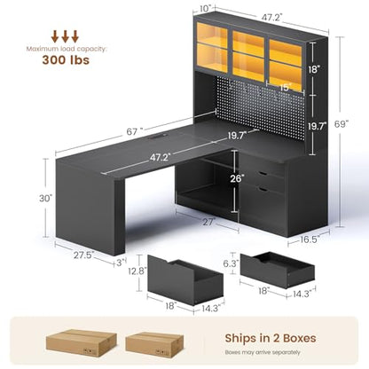 SEDETA L Shaped Corner Gaming Desk with 3 Wood Drawer and Large Bookshelf - color: Black