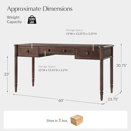 HULALA HOME 60 Inches Fluted Writing Desk with Charging Station, Walnut - color: Walnut