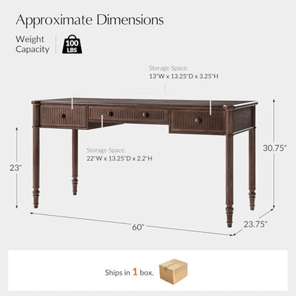 HULALA HOME 60 Inches Fluted Writing Desk with Charging Station, Walnut - color: Walnut
