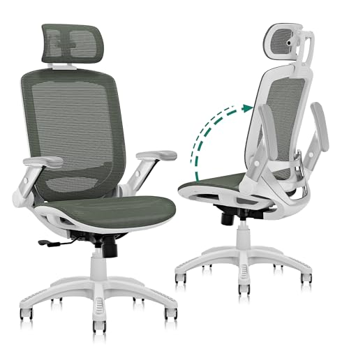 GABRYLLY Ergonomic Office Chair, High Back Home Desk Chair with Headrest, Flip-Up Arms, 90-120° Tilt Lock and Wide Cushion, 300LBS Mesh Chairs for Man Woman, White Task Chair(Olive Green,GY01WOG) - color: White Frame Olive Green Mesh