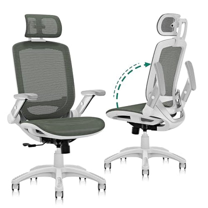GABRYLLY Ergonomic Office Chair, High Back Home Desk Chair with Headrest, Flip-Up Arms, 90-120° Tilt Lock and Wide Cushion, 300LBS Mesh Chairs for Man Woman, White Task Chair(Olive Green,GY01WOG) - color: White Frame Olive Green Mesh