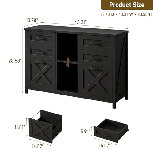 Farmhouse Lateral Filing Cabinet, Lateral File Cabinet with 6 Drawers and Adjustable Shelf, Large Printer Stand with 2 File Drawers for Letter/A4 Size Hanging Files for Home Office, Rustic Black - color: Rustic Black, size: 13.9"D x 27.7"W x 43.4"H