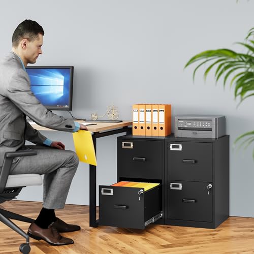 2 Drawer File Cabinet with Lock,Narrow Vertical Filing Cabinet,Under Desk File Cabinets,Black Metal File Cabinets for Home Office,Fit Letter/A4/Legal Size File, Easy Assembly - color: Black, style: 2 Drawer