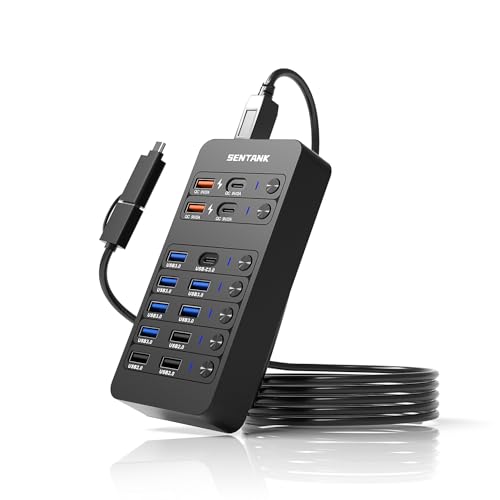 Powered USB Hub,14 Ports USB Data Hub Splitter with 6 USB 3.0 Port,4 Charging Port,1 USB-C 3.0 Data Port,1 PD 60W Charging Port w LED Individual On/Off Switches for MacBook,Mac Pro,Laptop/PC