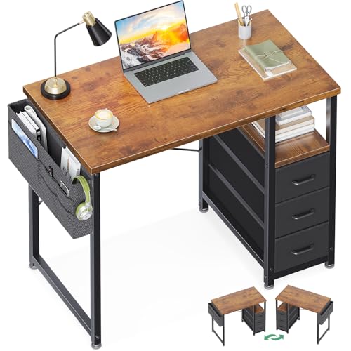 AODK 32 Inch Small Computer Desk with Fabric Drawers, Vintage | Mini Desk with Storage Shelf & Bag, Kids Study Desk for Bedroom, Home Office Desk for Small Space - color: Vintage, size: 32-Inch