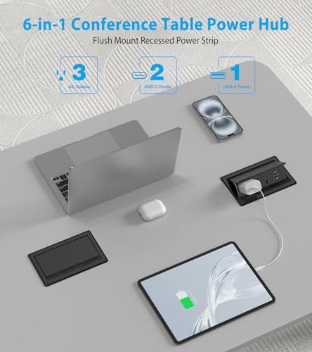 Recessed Conference Table Power Hub with 20W USB-C PD Fast Charging, Flush Mounted for Desks, Kitchens & RVs, 6FT Power Cord (Black) - color: Black