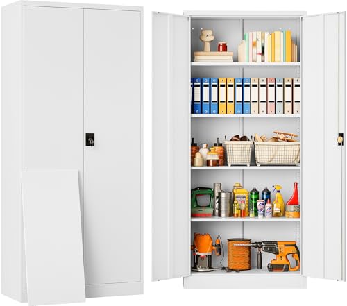 White Metal Storage Cabinet with Adjustable Shelves,71" Tall Metal Cabinet with Locking Doors,Steel Cabinet with Lock,Lockable Storage Cabinets for Home,Office,Kitchen,Laundry,Pantry - color: White, size: 71"H x 31.5"W x 16"D-B