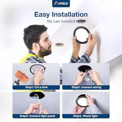 Amico 12 Pack 6 Inch LED Recessed Lighting, Canless Wafer Downlight, Black | 5CCT 2700K-5000K, 5%-100% Dimmable, Ultra-thin, Metal housing, 1050LM 12W 120V, IC & Damp Rated, ETL & FCC, 50000h Life Span - color: Black, size: 6 Inch
