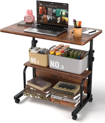 QZMDSM Portable Rolling Desk on Wheels Adjustable Height Desks for Small Spaces, 32" Computer Desk Drafting Tables with Storage Shelves for Home Office Rustic - color: Rustic