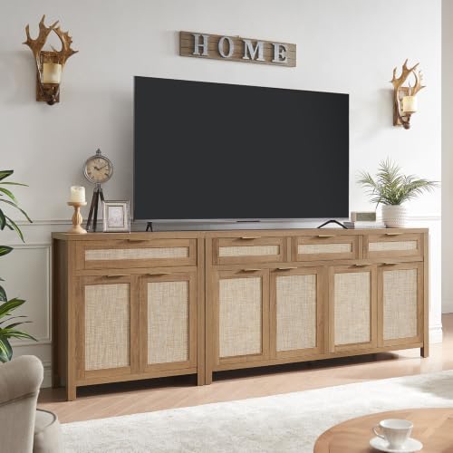 2 Piece Rattan Sideboard Buffet Cabinet, 93" Boho Storage Cabinet | Adjustable Shelves, 6 Doors & 4 Drawers, Farmhouse Credenza, Coffee Bar Cabinets, Living Room, Hallway, Kitchen