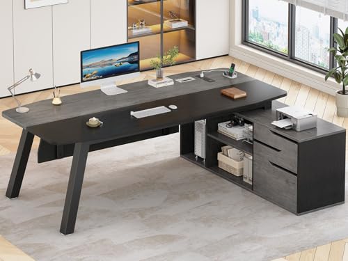 SEDETA 71" L Shaped Executive Desk with File Cabinet & Power Outlet - color: Grey
