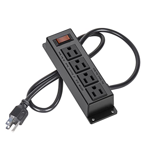 Wall Mount Power Outlet Strip, 4 Outlet Mountable Power Strip with Switch, 3ft Cord Under Desk Power Strip for Office/Industrial/Home, Flat Plug, Black | with Switch, Under Desk Power Strip for Office/Industrial/Home, Flat Plug, Black