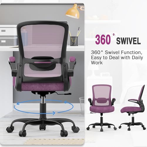 Ergonomic Office Chair w/Adjustable Lumbar, Flip Armrest, 135° Recline - color: Purple