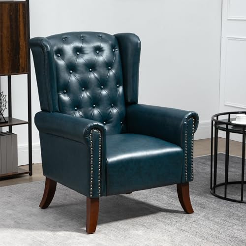 MOJAY Modern PU Leather Accent Chair, Living Room Lounge Sofa Chair with Buttons, Single Club Armchair with Rivet Trim for Bedroom Home Reception (DarkBlue) - color: Blue, size: Set of 1