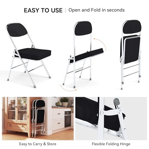 Folding Chairs with Padded Thick Seat & Backrest, Durable Corduroy Fabric,Indoor Outdoor Stackable Foldable Guest Chairs for Office Wedding Kitchen Dining, 350lb Capacity,Set of 6, Black - size: 6 Pack