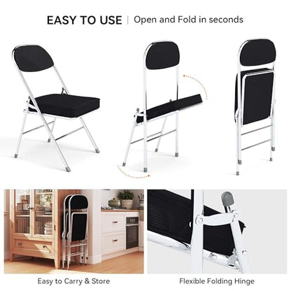 Folding Chairs with Padded Thick Seat & Backrest, Durable Corduroy Fabric,Indoor Outdoor Stackable Foldable Guest Chairs for Office Wedding Kitchen Dining, 350lb Capacity,Set of 6, Black - size: 6 Pack