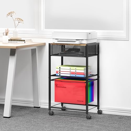 Cawukege 3 Tier Printer Stand, Small Mobile Table with Wheels, Printer Shelf Rolling Cart with Storage Desk Organizer Hanging File for Office Home, Brown - color: Brown