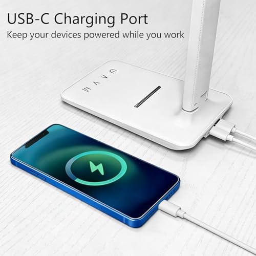 LED Desk Lamp with USB Charging Port, 5 Color Modes & Brightness Levels, Eye-Caring Dimmable, Touch Control, Adjustable Foldable Arm, USB-C Powered