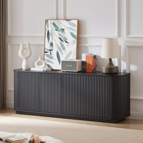 64" Buffet Sideboard Cabinet with Storage, Modern Fluted Accent Credenza with Adjustable Shelves, Wood TV Console Stand 4 Doors, Sideboards for Office Living Room Hallway Kitchen, Black - color: Black-4 Doors