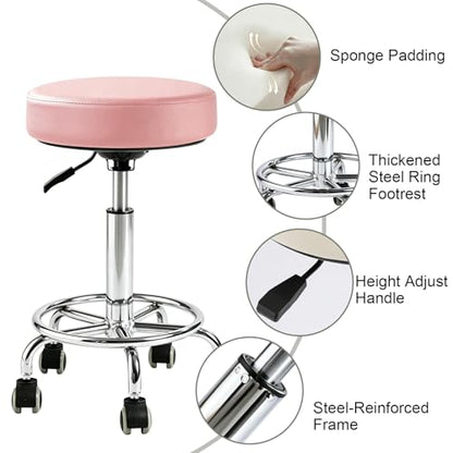 500lb heavy-duty Rolling Stool with Wheels,9.5cm thick Comfort cushion - color: Pink-2