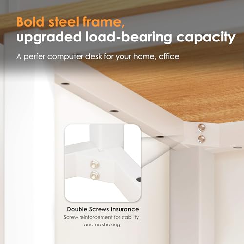 Need 54.3 Inch Large Computer Desk, Teak Wooden Top with White Metal Frame | Simple Style, Home Office, Basic Sturdy Writing Table, Study Student, Adjustable Feet, Water-Resistant, Easy Assembly - color: Teak & White, size: 54 inches